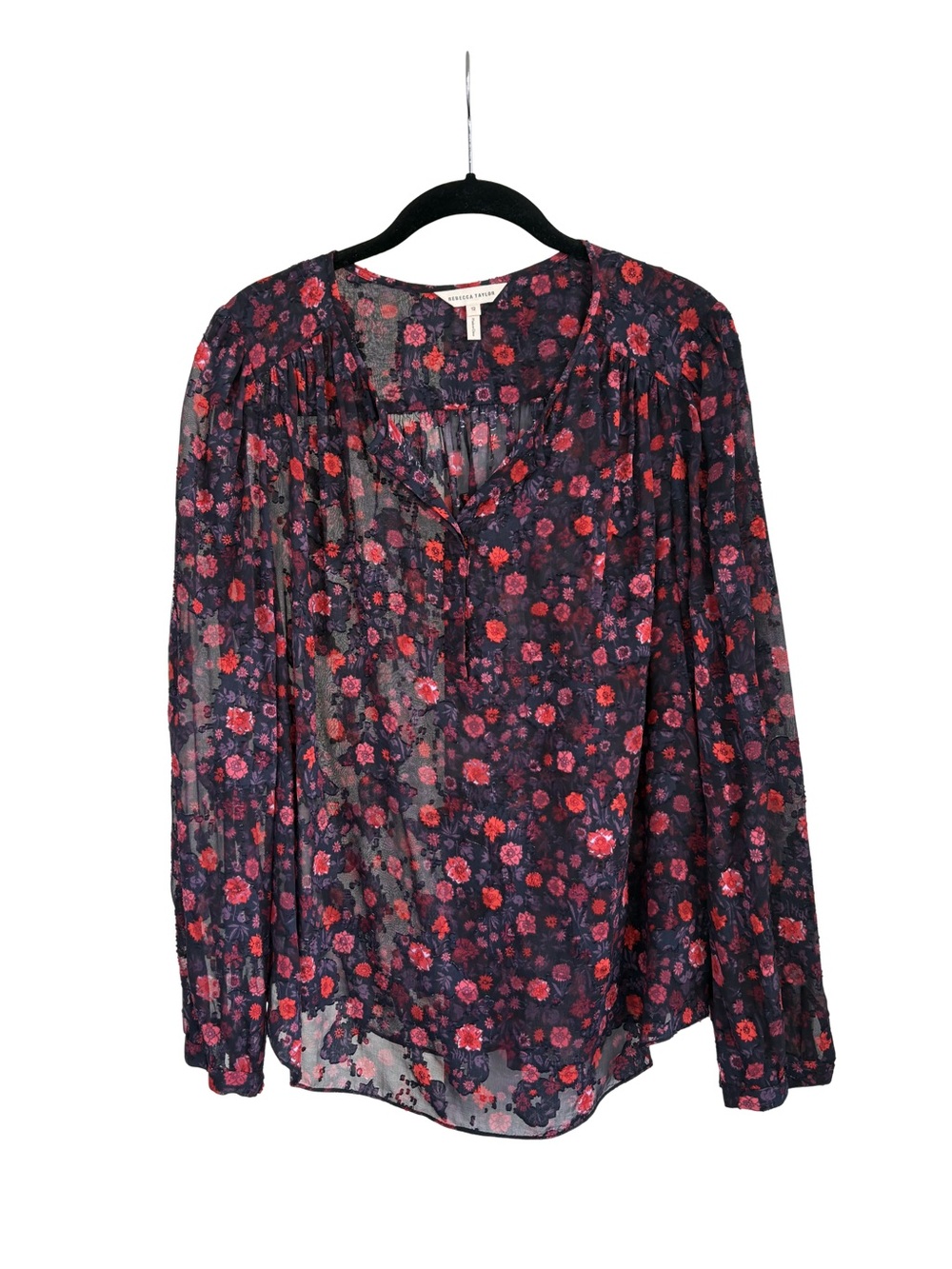 Rebecca Taylor Black Sheer Blouse with Red and Pink Floral Print